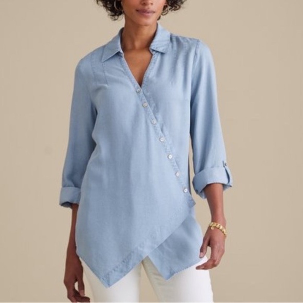 Soft Surrounds Tencel Asymmetrical Button Tunic Top PL Coastal Grandma Denim Loo